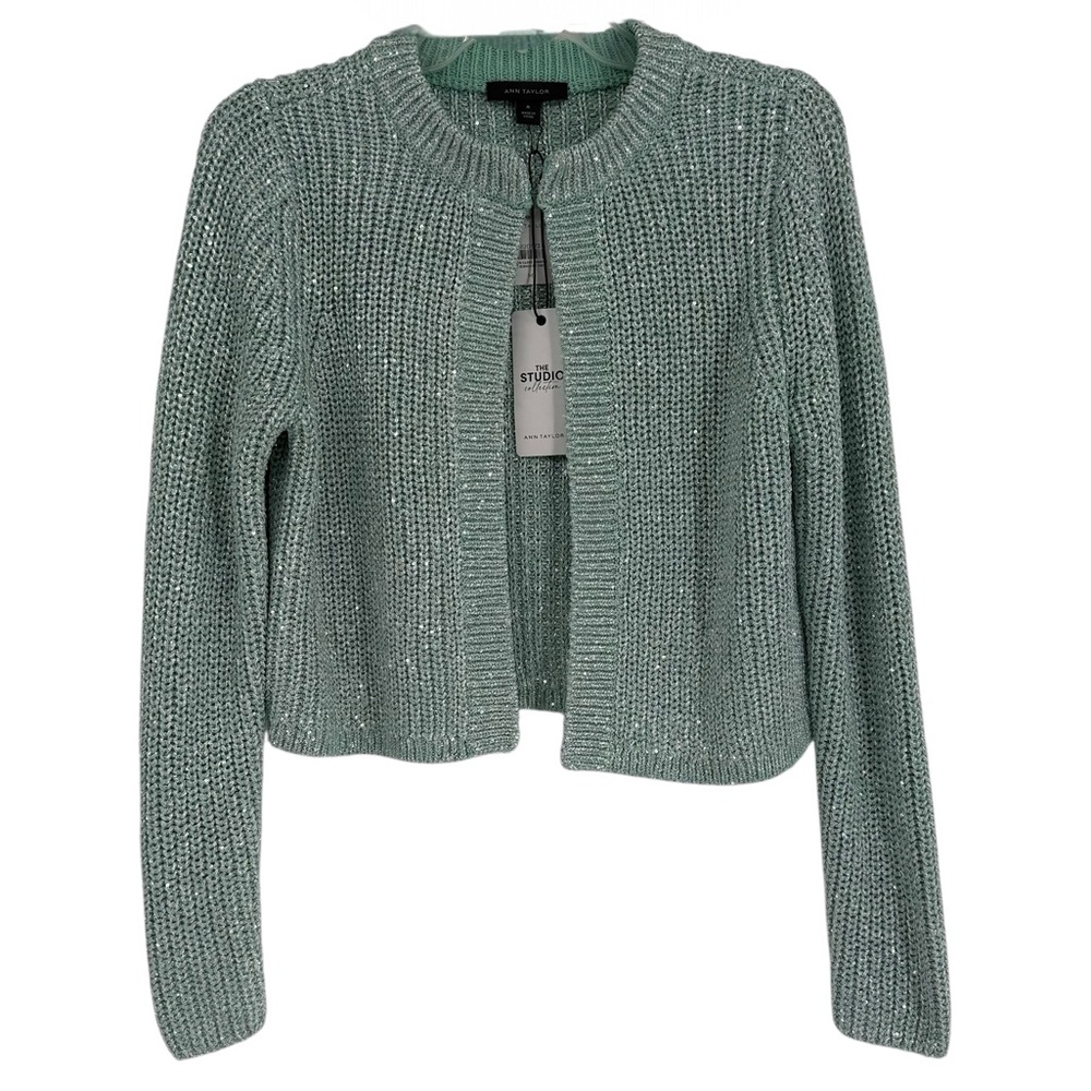 Ann Taylor Studio NWT Women's Green Shimmer Metallic Cardigan Sweater Size M